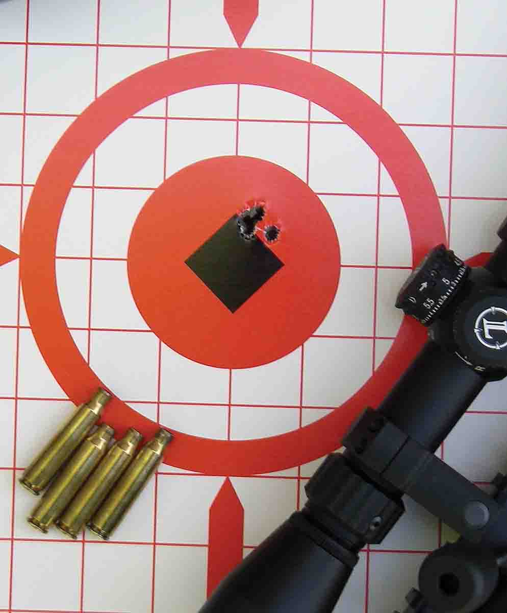 Several of the factory and handloads shot grouped well under one inch at 100 yards (shown) and within .65 MOA at 300 yards.